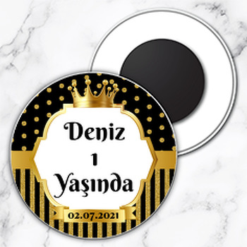 Simli Siyah Puantiye ile Gold Çerçeve Temalı Daire Plastik Magnet