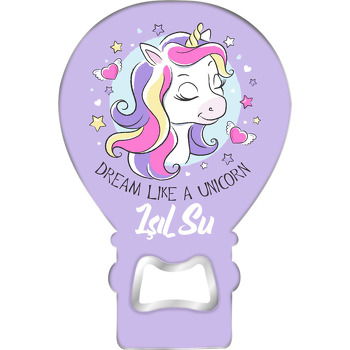 Şirin Unicorn ile Lila Fon Temalı Balon Ahşap Magnet 