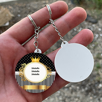 Siyah Beyaz Gold Çerçeveli Temalı Daire Plastik Anahtarlık