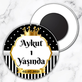 Siyah Beyaz Puantiye ile Gold Çerçeve Temalı Daire Plastik Magnet