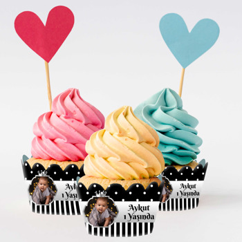 Siyah Beyaz Puantiye ile Gümüş Çerçeve Temalı Cupcake Sargısı