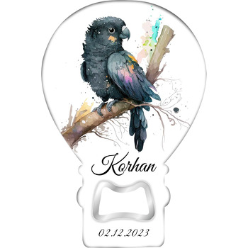 Siyah Papağan Temalı Balon Ahşap Magnet 