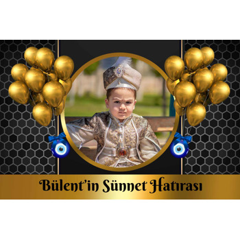 Siyah Petekli Fonda Gold Balonlarla Sünnet Temalı Plastik Magnet