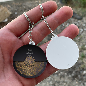 Siyah Üzerinde Gold Desen Temalı Söz Nişan Nikah Daire Plastik Anahtarlık