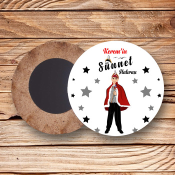 Siyah Yıldızlı Sünnet Çocuğu Hatırası Temalı Daire Ahşap Magnet