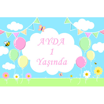 Soft Balonlar ile Mavi Gökyüzünde Arı ve Kelebekler Temalı Doğum Günü Afiş
