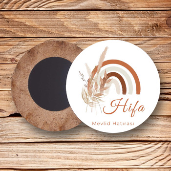 Soft Naturel Gökkuşağı ile Yaprak Temalı Daire Ahşap Magnet