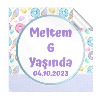 Soft Renklerle Donut Macaron ile Dondurma Temalı Kare Parti Etiket