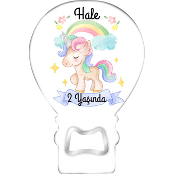 Soft Unicorn ile Gökkuşağı ve Çiçekler Temalı Balon Ahşap Magnet 
