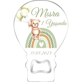 Soft Yeşil Balonlu Ayıcık ile Gökkuşağı Temalı Balon Ahşap Magnet 
