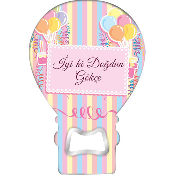 SoftSarı Pembe Balonlar ile Çizgili Fon Temalı Balon Ahşap Magnet 