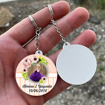 Somon Çiçek  Temalı Resimli Daire Plastik Anahtarlık