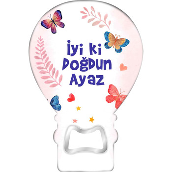 Somon Yapraklar ile Renkli Kelebekler Temalı Balon Ahşap Magnet 