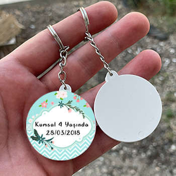 Su Yeşili ve Çiçek Temalı Daire Plastik Anahtarlık