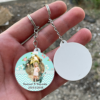 Su Yeşili ve Çiçek Temalı Resimli Daire Plastik Anahtarlık