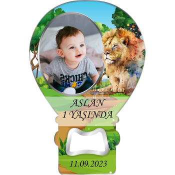 Suluboya Efektli Realistik Aslan ile Orman Temalı Resimli Balon Ahşap Magnet 