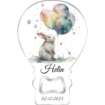 Suluboya Efektli Tavşan ile Balonlar Temalı Balon Ahşap Magnet 