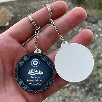 Suluboya Nazar Boncuğu ile Maşallah Temalı Daire Plastik Anahtarlık