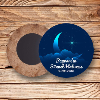 Sünnet Hatırası ile Hilal ve Mavi Yıldız Temalı Daire Ahşap Magnet