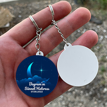 Sünnet Hatırası ile Hilal ve Mavi Yıldız Temalı Daire Plastik Anahtarlık