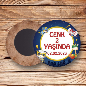 Süper Kahraman Hayvanlar Temalı Ahşap Daire Magnet