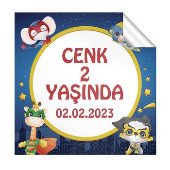 Süper Kahraman Hayvanlar Temalı Kare Parti Etiket
