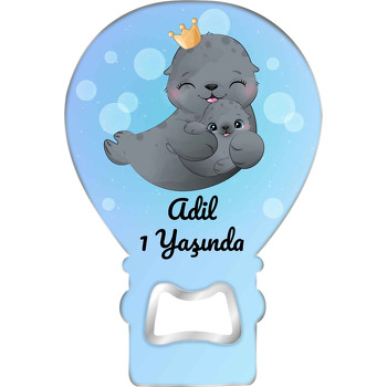 Taçlı Anne Çocuk Fok Temalı Balon Ahşap Magnet 