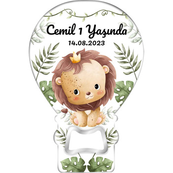 Taçlı Aslan Bebek Tropikal Sarmaşık Yapraklarla Temalı Balon Ahşap Magnet 