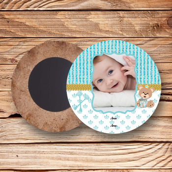 Taçlı Ayı Temalı Resimli Ahşap Daire Magnet