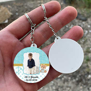 Taçlı Ayı Temalı Resimli Daire Plastik Anahtarlık