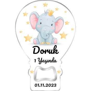 Taçlı Bebek Fil ile Sarı Yıldızlar Temalı Balon Ahşap Magnet 
