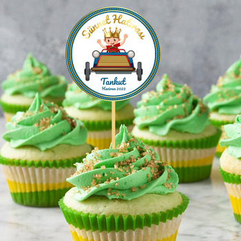 Taçlı ve Arabalı Sünnet Çocuğu ile Mavi Çerçeve Temalı Parti Kürdan Süs