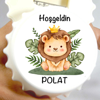 Taçlı Yavru Aslan ile Yapraklar Temalı Kapak Şekilli Magnet Açacak