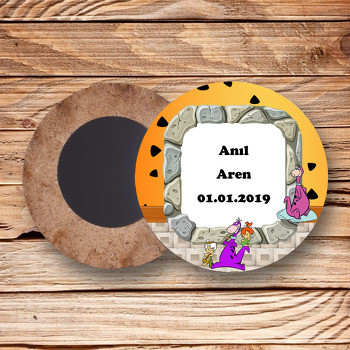 Taş Devri Dino Temalı Ahşap Daire Magnet