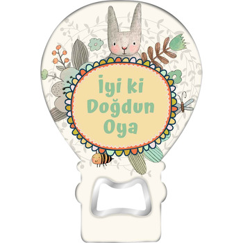 Tavşan ile Yeşil Laleler Temalı Balon Ahşap Magnet 