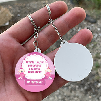 Tavşanlı Pembe Bebek Temalı Daire Plastik Anahtarlık