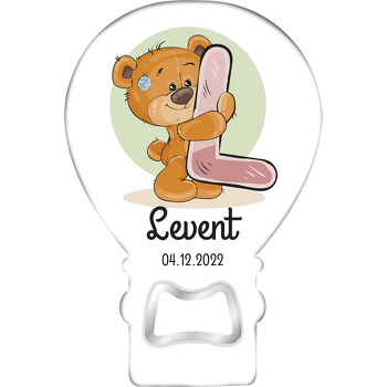 Teddy Ayıcık ile L Harfi Temalı Balon Ahşap Magnet 