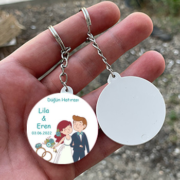 Tektaş ile Yeşil Buketli Gelin Damat Temalı Daire Plastik Anahtarlık