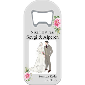 Tesettürlü Gelin ile Damat Krem Fonda Pembe Çiçek Temalı Uzun Magnet Açacak