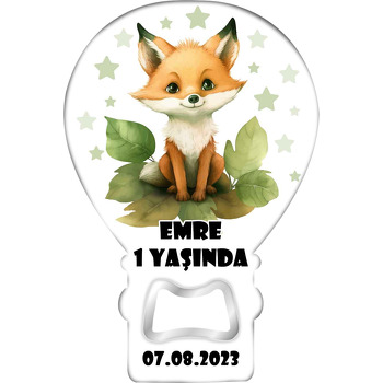 Tilki ile Yeşil Yapraklar ve Yıldızlar Temalı Balon Ahşap Magnet 