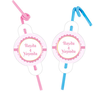 Toz Pembe Damask ve Kurdele Temalı Pipet ve Kartı
