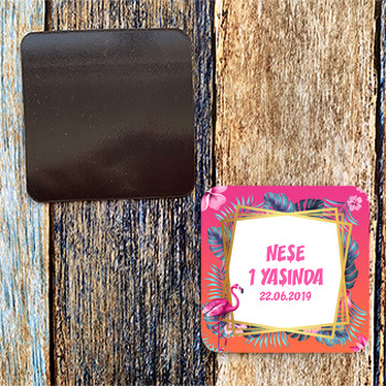 Tropikal Çerçeve İle Flamingo Temalı Kare Magnet