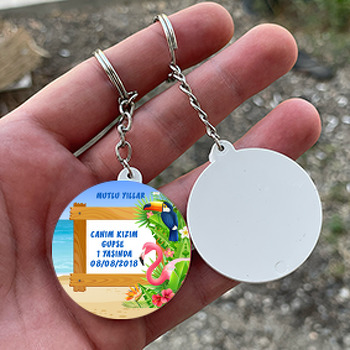 Tropikal Flamingo Temalı Daire Plastik Anahtarlık