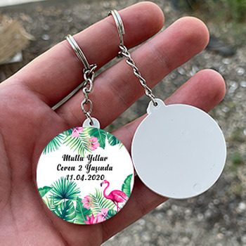 Tropikal Flamingo Temalı Daire Plastik Anahtarlık