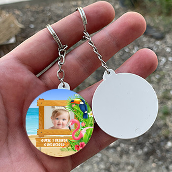 Tropikal Flamingo Temalı Resimli Daire Plastik Anahtarlık