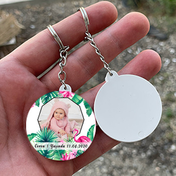 Tropikal Flamingo Temalı Resimli Daire Plastik Anahtarlık