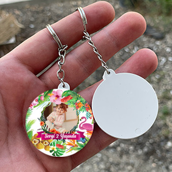 Tropikal Flamingo Temalı Resimli Daire Plastik Anahtarlık