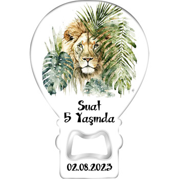 Tropikal Yapraklar Arasında Aslan Temalı Balon Ahşap Magnet 