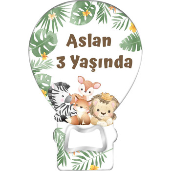 Tropikal Yapraklar ile Taçlı Aslan ve Arkadaşları Temalı Balon Ahşap Magnet 