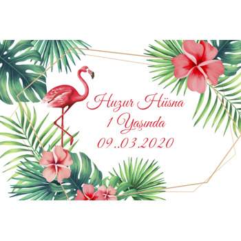 Tropikal Yapraklar ve Flamingo Temalı Doğum Günü Afiş